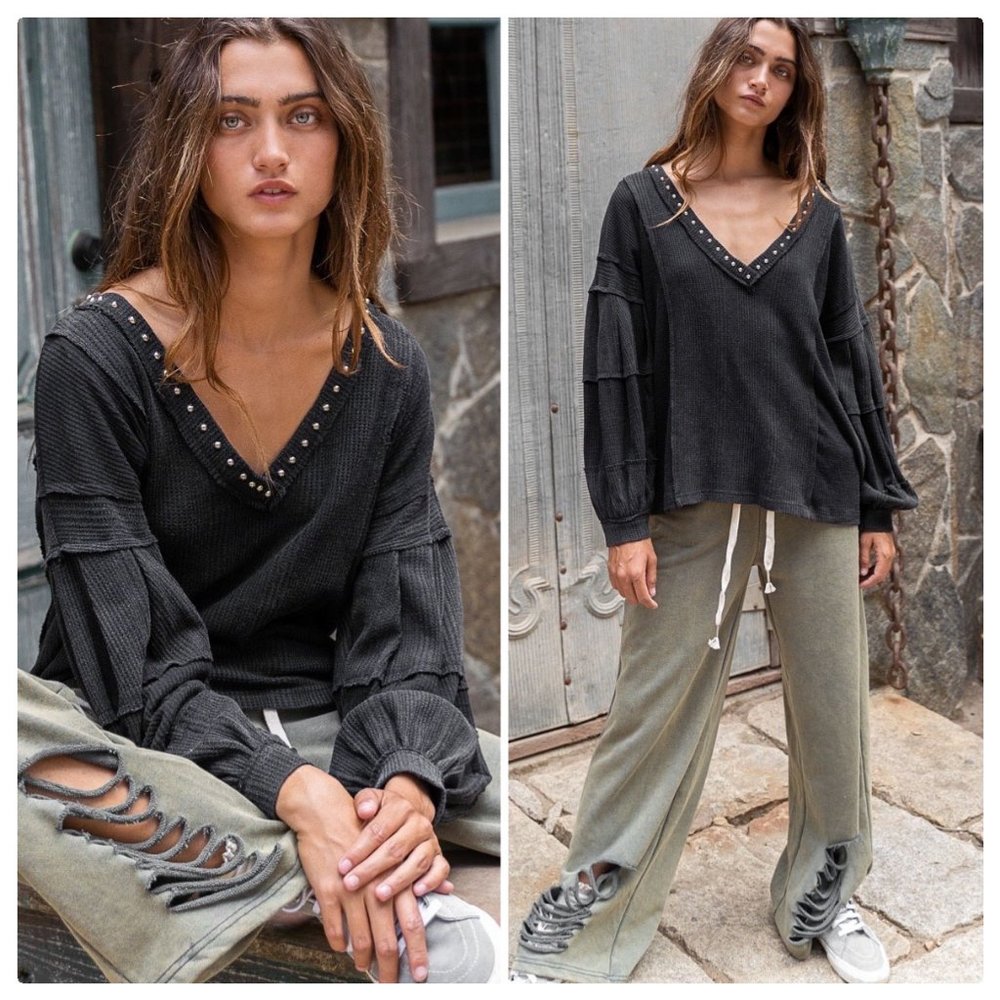 *NEW COLOR* POL Raw Edge Color Block Top - Picture 3 of 16